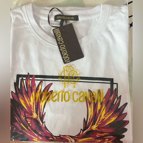 Roberto Cavalli White Tee with reddish and Yellow Eagle Graphic - Picture 8 of 10